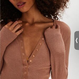 Free People Going Places Cardi Button-Down Waffle Shirt Brown SMALL